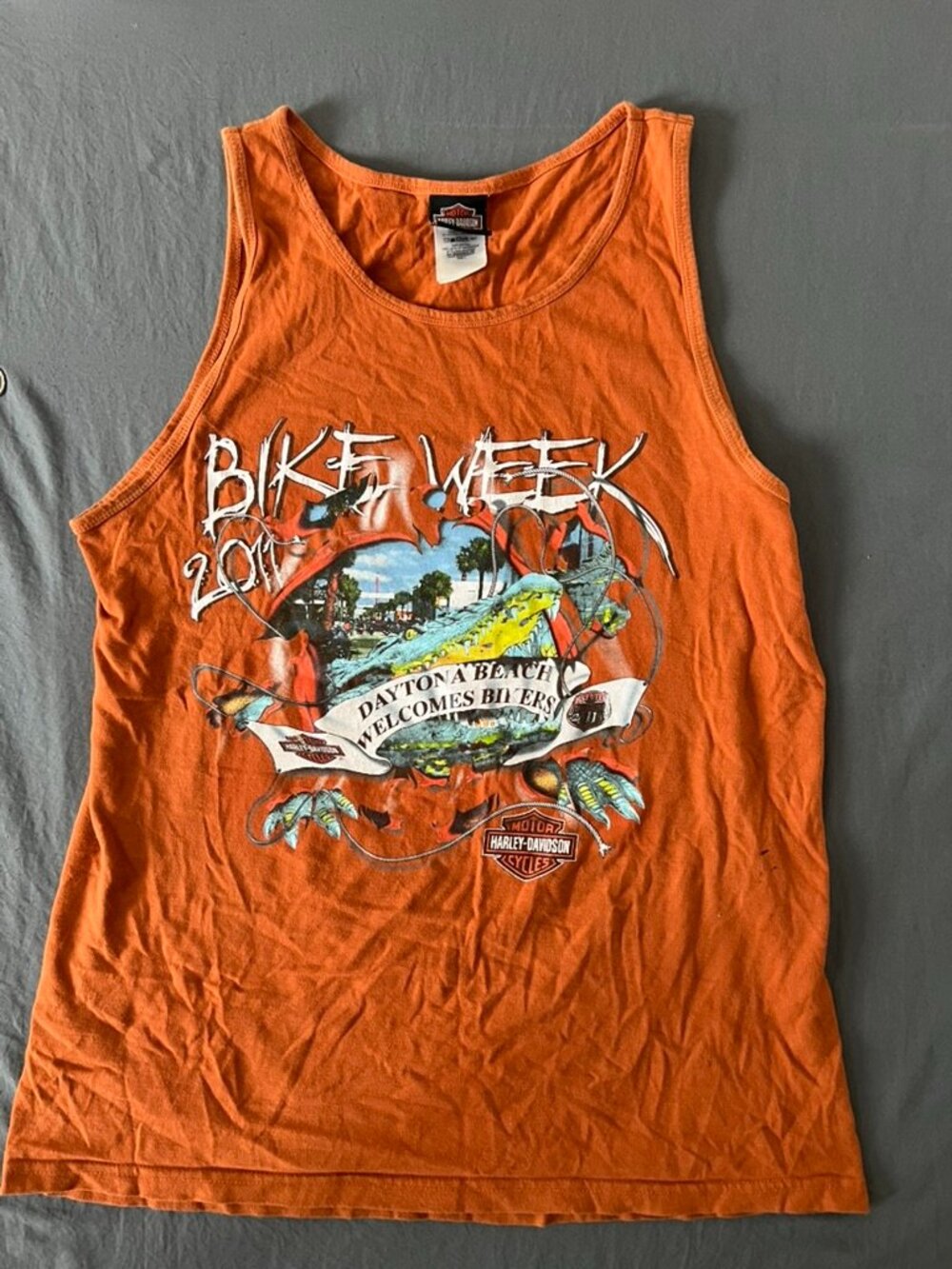 2011 Harley Davidson Bike Week Tank Top Men's Large Orange Rust Daytona Beach